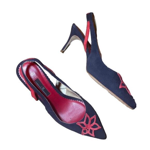 Carolina Herrera Navy Suede Kitten Slingback Heels 39 9 Red Flower Pointed Toe - Picture 1 of 9